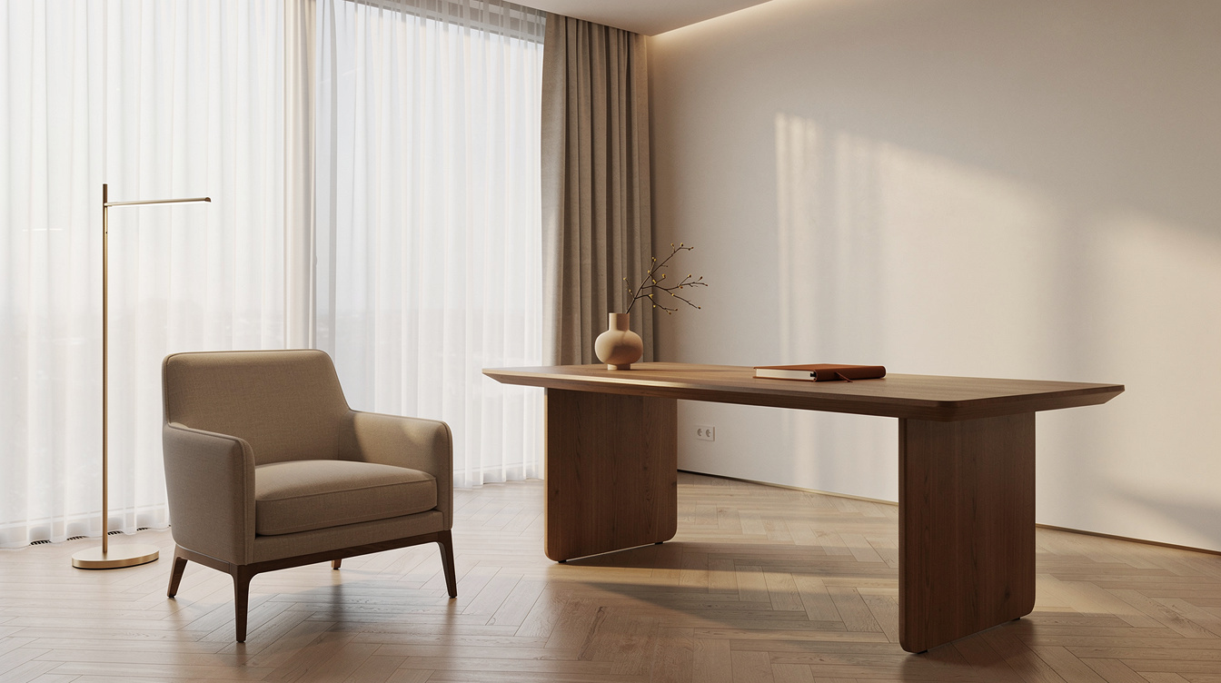 Minimalist reception room with armchair and desk in warm light