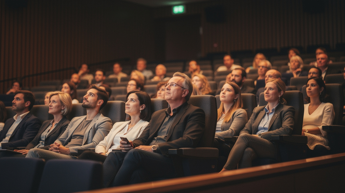 Audience in a dark auditorium looking up at a glowing screen